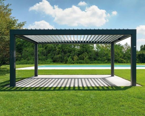 Motorized louvered pergola providing outdoor shading